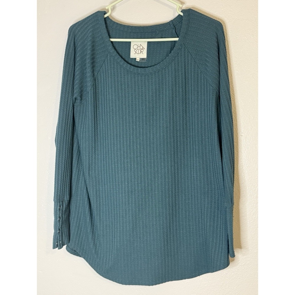 Chaser Women's Teal Waffle Knit Long Sleeve Top Buttons Size XL